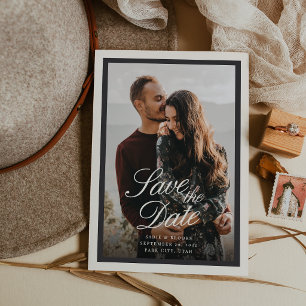 Reserve A Data Casamento de Foto com Letra Clássica Preto e Bege