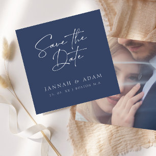 Reserve A Data Casamento de Foto com Letra Minima Azul-Navy