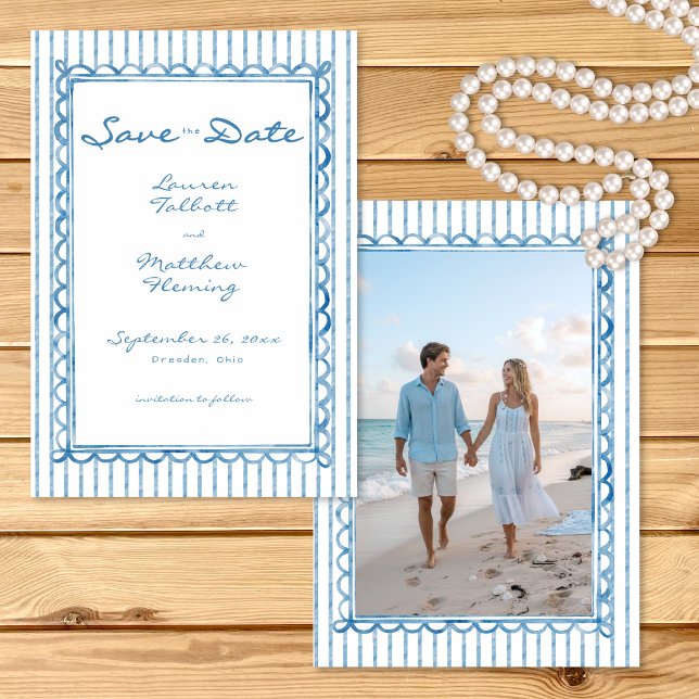 Reserve A Data Casamento de Foto com Listra de Aquarela Azul Capr (Whimsical Blue Watercolor Stripe Photo Wedding Save The Date)