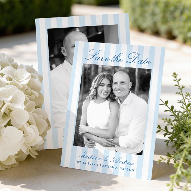 Reserve A Data Casamento de Foto com Listras Azuis Clássicas (Criador carregado)