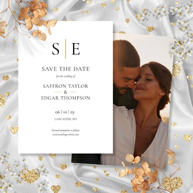 Reserve A Data Casamento de Foto com Monograma Preto e Dourado (Black And Gold Monogram Photo Wedding Save The Date)