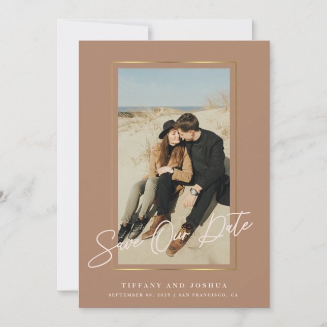 Reserve A Data Casamento de Foto com Rosa de Frame Dourado Elegan (Frente)