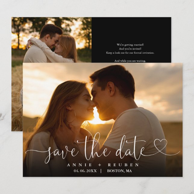 Reserve A Data Casamento de Foto com Roteiro de Coração Elegante  (Frente/Verso)