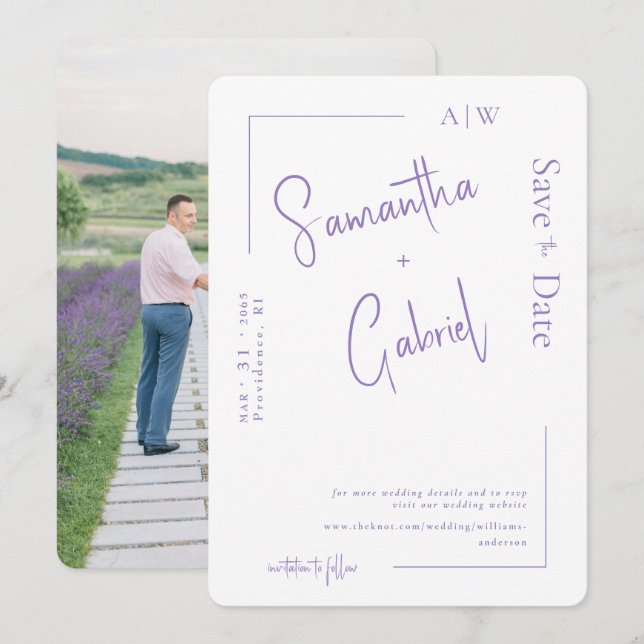Reserve A Data Casamento de Foto da Lavanda Moderna Salve a Data  (Frente/Verso)