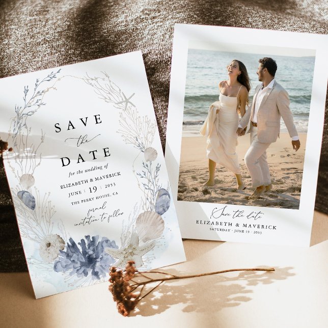 Reserve A Data Casamento de Foto da Praia Azul Costeira (Coastal Blue Photo Save the Date Card Seashell Beach Destination  Wedding Stationery)