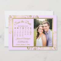 Casamento de Foto de Calendário Lilás Roxo e Doura