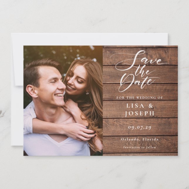 Reserve A Data Casamento de Foto de Madeira Rústica com Letra Ele (Frente)