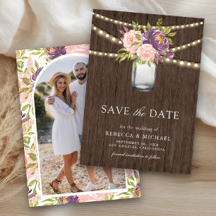 Reserve A Data Casamento de Foto de Mason Jar Floral Rosa Púrpura