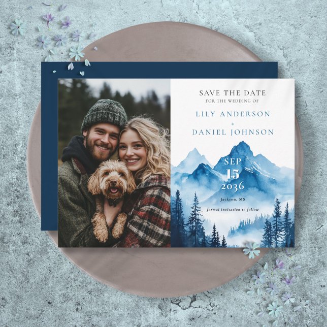Reserve A Data Casamento de Foto de Montanha Boho Rústica em Aqua (Rustic Boho Watercolor Mountain Photo Wedding Save The Date)