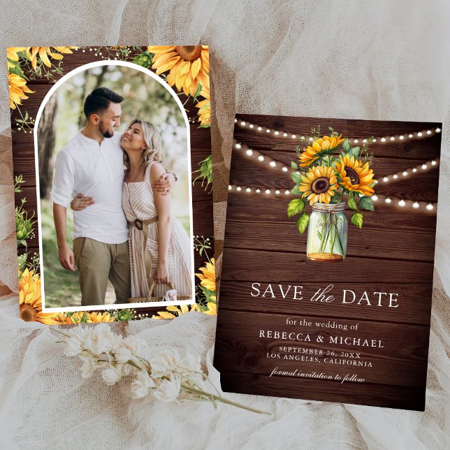 Reserve A Data Casamento de Foto de Sunflower Barn Wood Mason Jar (Criador carregado)