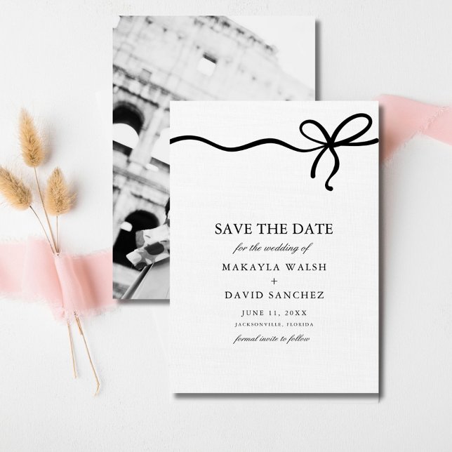 Reserve A Data Casamento de Foto do Arco Coquette Elegante Salve  (Elegant Coquette Bow Photo Wedding Save the Date)