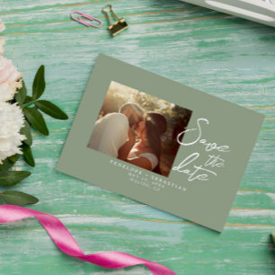 Reserve A Data Casamento de Foto do Boho com Caligrafia Verde Sim
