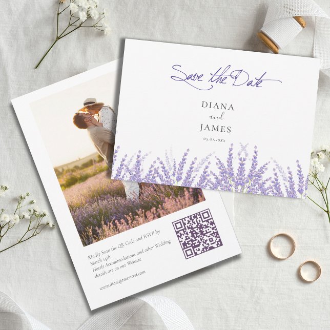 Reserve A Data Casamento de Foto do Código QR para Caligrafia Rox (Elegant Purple Calligraphy QR Code Photo Save The Date card)