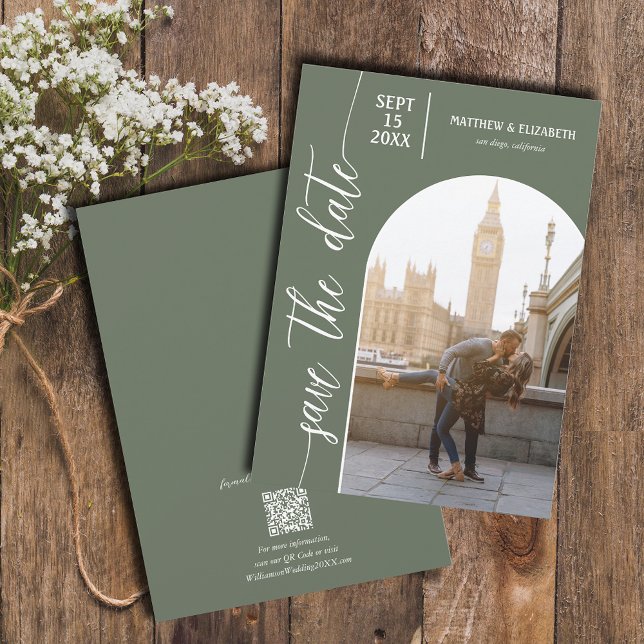 Reserve A Data Casamento de Foto do Código QR Verde Sage (Criador carregado)