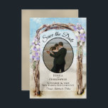 Reserve A Data Casamento de Foto do Porto de Praia Floral Purple<br><div class="desc">Este belo cartão de data é perfeito para um casamento de destino. Ela mostra sua foto em uma moldura oval com uma área de praia de madeira flutuante,  enfeitada com flores roxas e brancas lavandas. Há espaço para seus nomes,  data e local do casamento.</div>