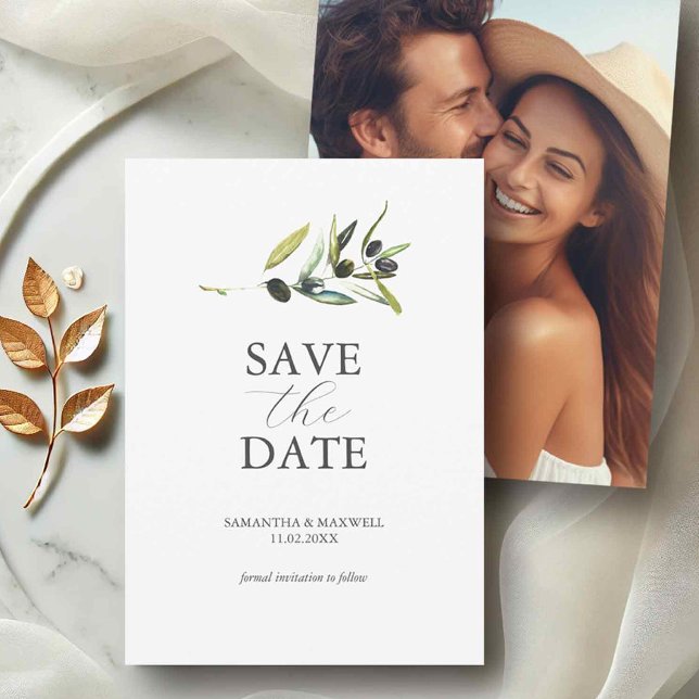 Reserve A Data Casamento De Foto Do Tema Oleícola Salvar A Data (Photo save the date invitations simple watercolor olive branch by Victoria Grigaliunas)