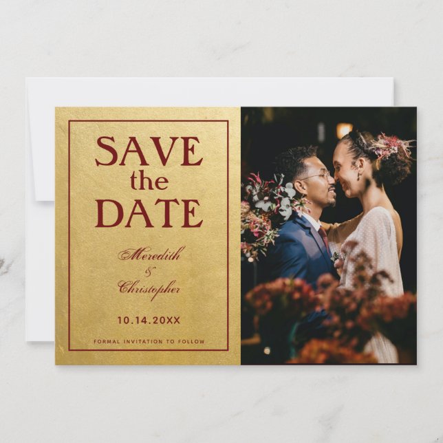 Reserve A Data Casamento de Foto Dourado e Borgonha (Frente)