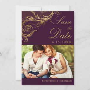 Reserve A Data Casamento de Foto Dourado Floral Roxo Vintage