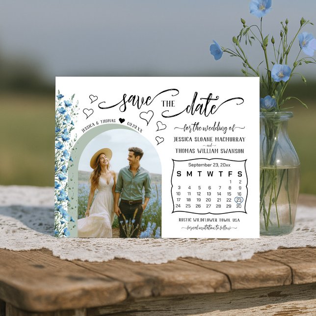 Reserve A Data Casamento de Foto e Calendário do Blue Boho Wildfl (Criador carregado)