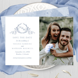 Reserve A Data Casamento de Foto Elegante Dusty Blue Monograma