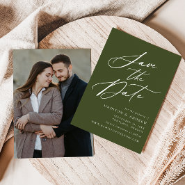 Reserve A Data Casamento de Foto em Caligrafia Elegante Verde Oli