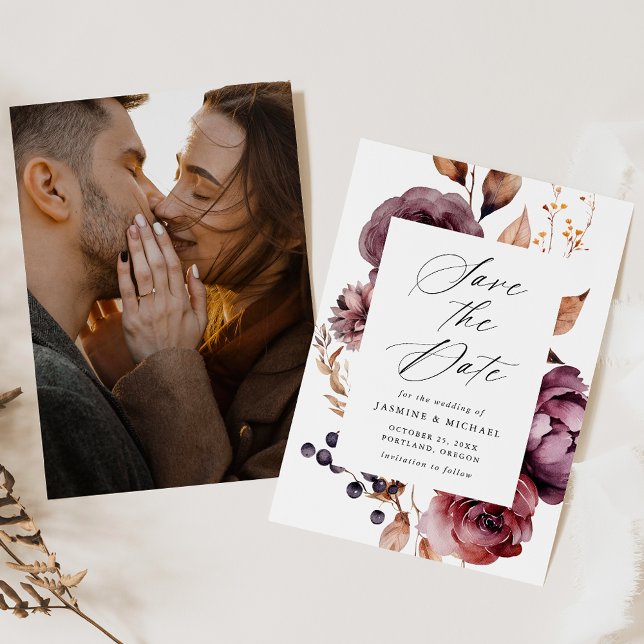 Reserve A Data Casamento de Foto em Moldura Floral Marsala Outono (Criador carregado)