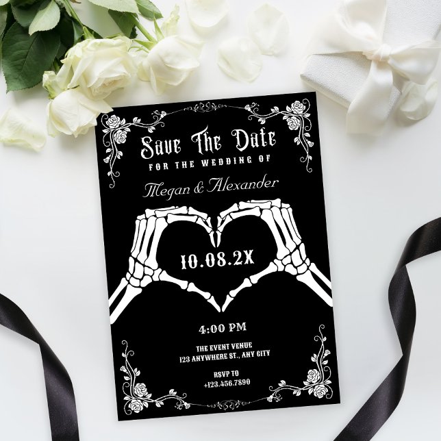 Reserve A Data Casamento de foto esqueleto gótico preto e branco (Criador carregado)