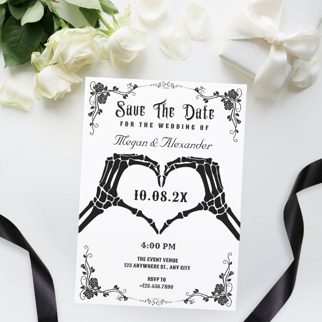 Reserve A Data Casamento de foto esqueleto gótico preto e branco (Criador carregado)