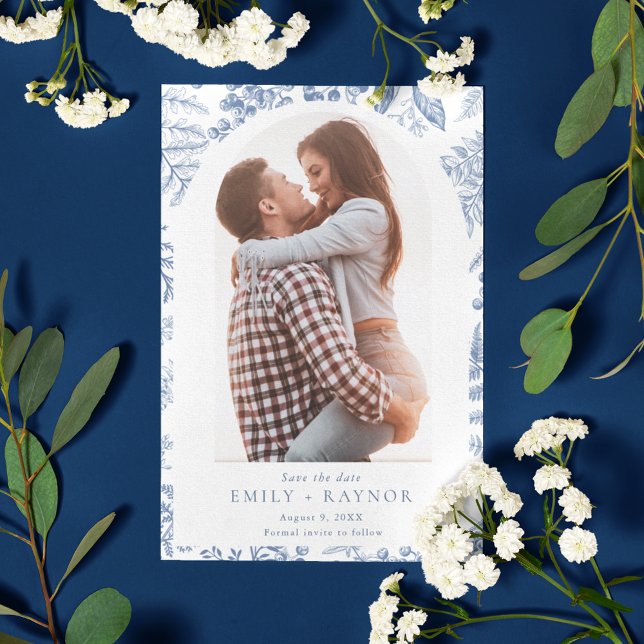 Reserve A Data Casamento de Foto Floral Azul Branco (Blue White Willow Floral Photo Wedding Save The Date)