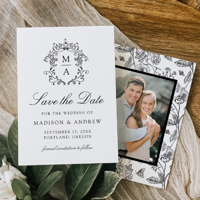 Reserve A Data Casamento de Foto Floral de Chinoiserie Negra Eleg (Criador carregado)