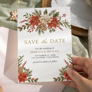 Reserve A Data Casamento de Foto Floral de Natal Dourado Vermelho