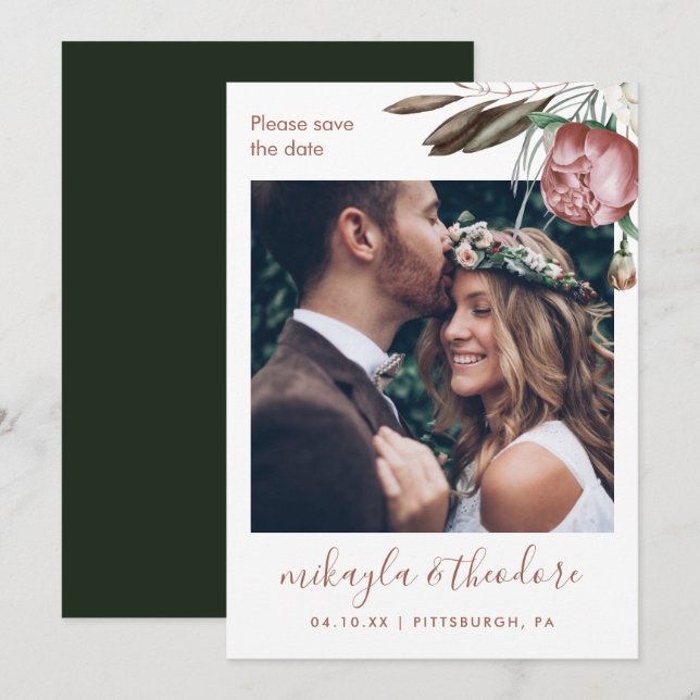Reserve A Data Casamento de Foto Floral do Modern Green Boho (Frente/Verso)
