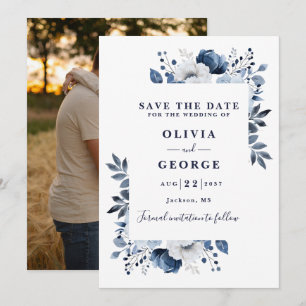 Reserve A Data Casamento de Foto Floral em Aquarela Azul Marinho 