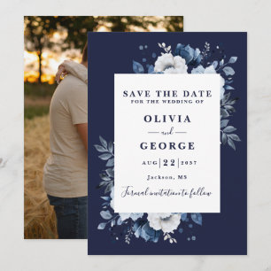 Reserve A Data Casamento de Foto Floral em Aquarela Azul Marinho