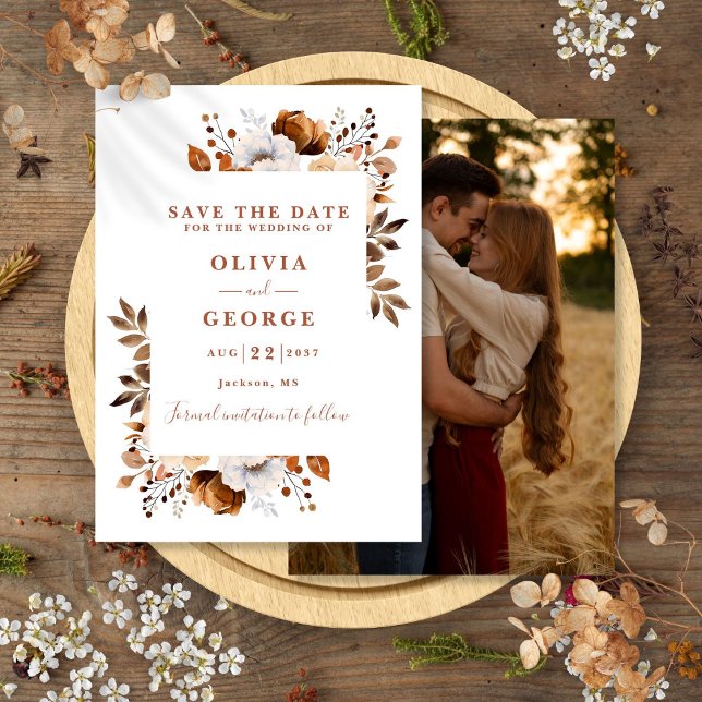 Reserve A Data Casamento de Foto Floral em Aquarela Terracota Mod (Terracotta Modern Watercolor Floral Photo Wedding Save The Date)