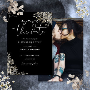 Reserve A Data Casamento de Foto Floral Gótica Preto e Branco