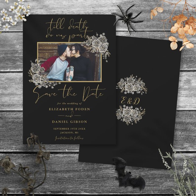 Reserve A Data Casamento de Foto Floral Gótica Preto e Dourado (Black And Gold Gothic Floral Photo Wedding Save The Date)
