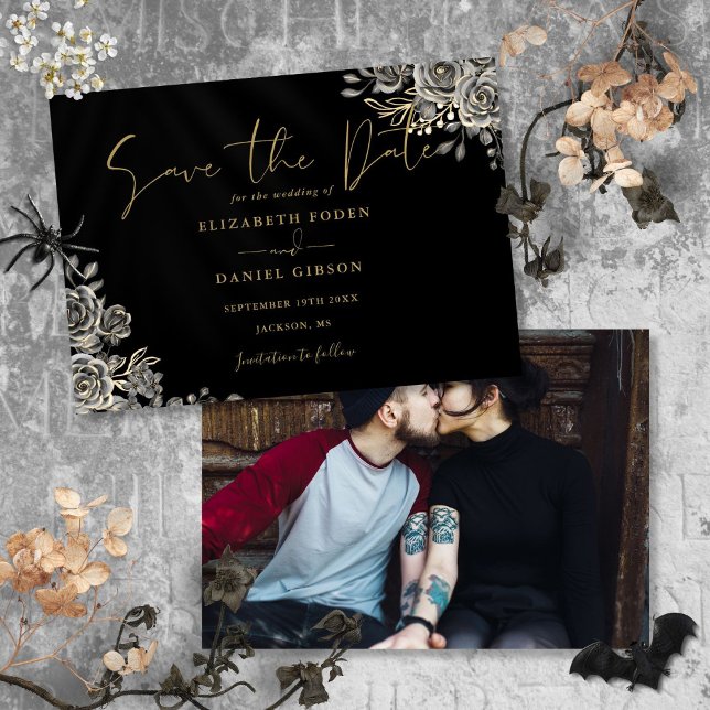 Reserve A Data Casamento de Foto Floral Gótico Preto e Dourado (Black And Gold Gothic Floral Photo Wedding Save The Date)