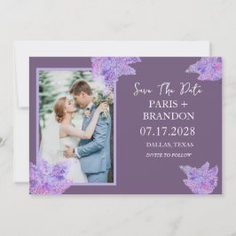 Reserve A Data Casamento de Foto Floral Lilac Roxo Moderno Elegan
