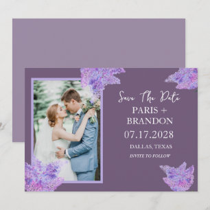 Reserve A Data Casamento de Foto Floral Lilac Roxo Moderno Elegan