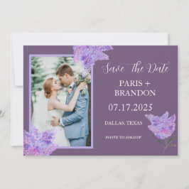 Reserve A Data Casamento de Foto Floral Lilac Roxo Moderno Elegan