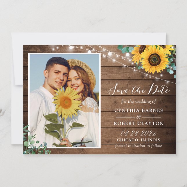 Reserve A Data Casamento de Foto Floral Rustic Sunflower Eucalypt (Frente)