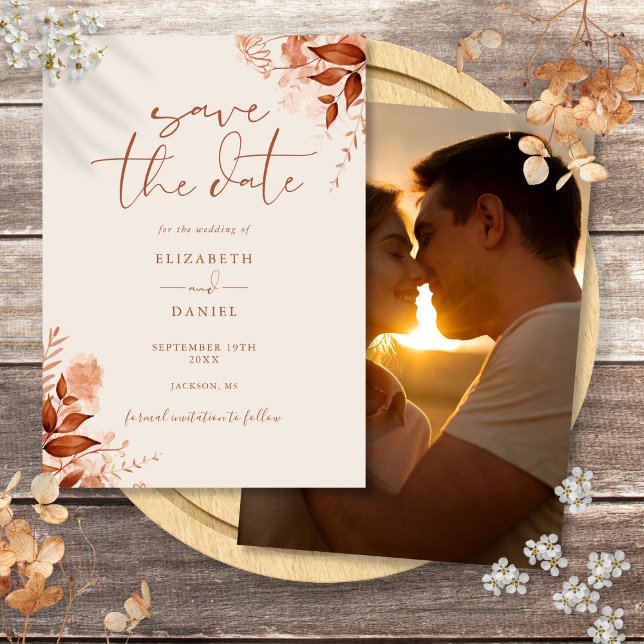 Reserve A Data Casamento de Foto Floral Rústica de Outono (Autumn Fall Rustic Floral Photo Wedding Save The Date)
