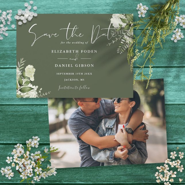 Reserve A Data Casamento de Foto Floral Verde Verde Elegante (Olive Green Elegant Greenery Floral Photo Wedding Save The Date)