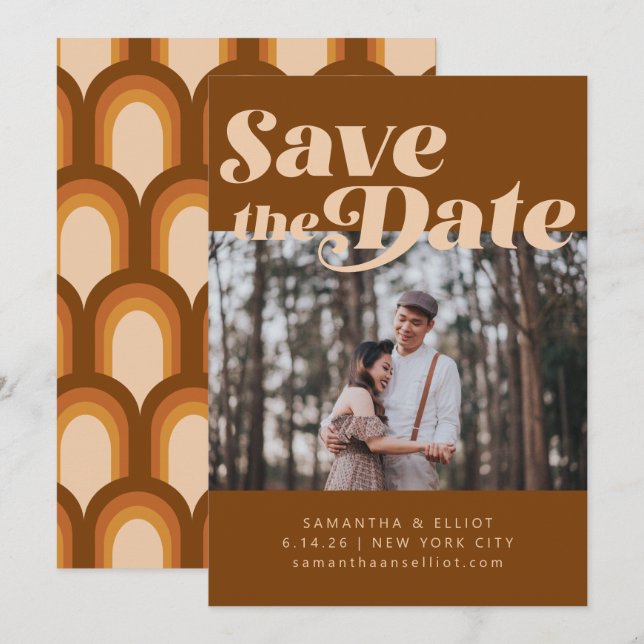 Reserve A Data Casamento De Foto Groovy Brown, Tipografia Retro N (Frente/Verso)