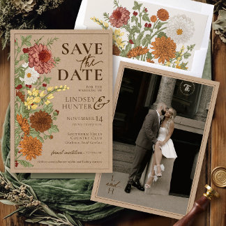 Reserve A Data Casamento de Foto Kraft Rústico Floral de Outono V