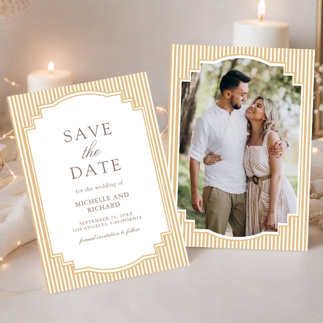 Reserve A Data Casamento de Foto Listrada Bege Clássico (Criador carregado)