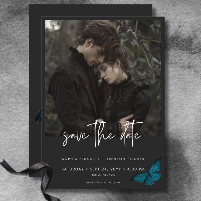 Reserve A Data Casamento de Foto Mínimo de Teal Moody Escuro (Dark Moody Minimal Teal Moth Photo Wedding Save The Date)