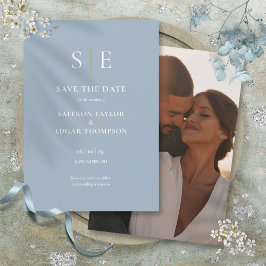 Reserve A Data Casamento de Foto Monograma em Azul Poeirento e Do