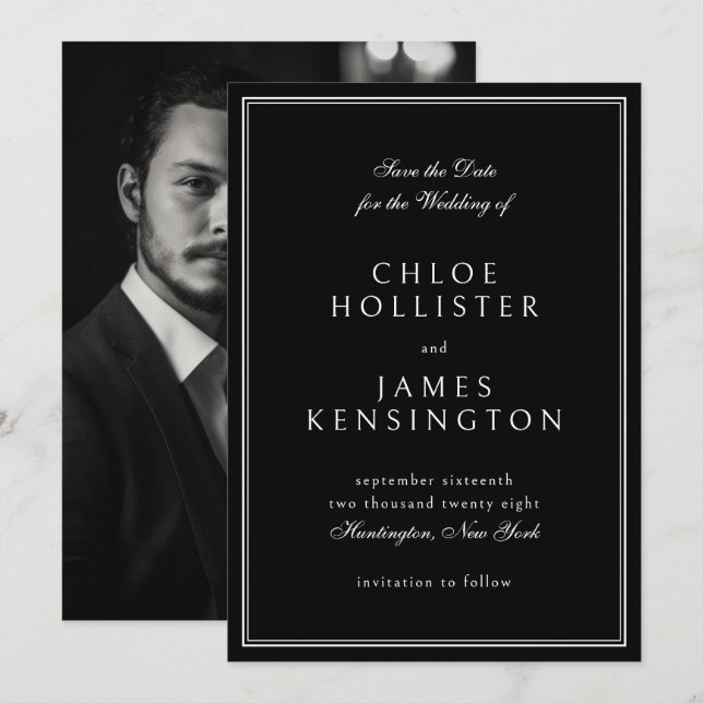 Reserve A Data Casamento de Foto Negra Formal Clássica Elegante (Frente/Verso)